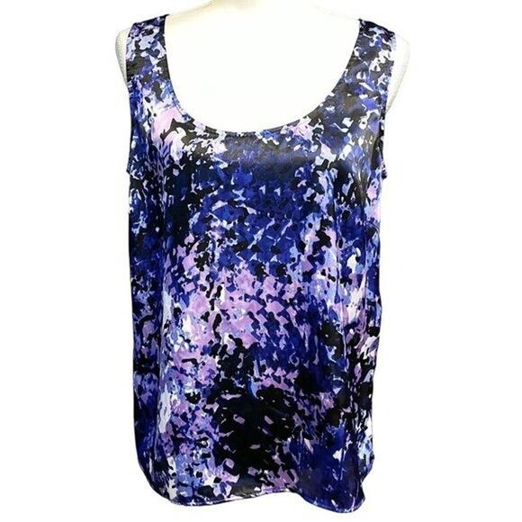 Anne Klein Watercolor Abstract Blouse Sleeveless Scoop Neck Purple Satin Top Med - Picture 1 of 7